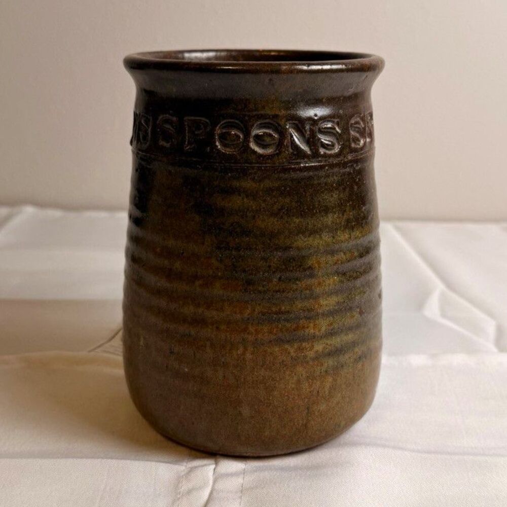 Handmade Studio Pottery Brown Stoneware Spoons Crock Utensil Holder Signed JS